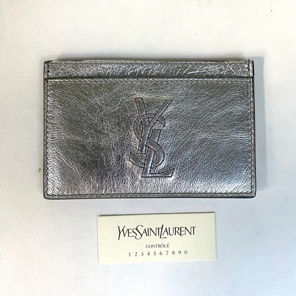 YSL Yves Saint Laurent Silver Metallic Leather Card Holder Wallet Vintage Rare - Picture 3 of 12